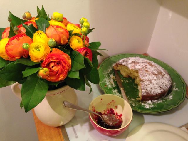 cake from Dominique and Jacques and ranunculus bouquet