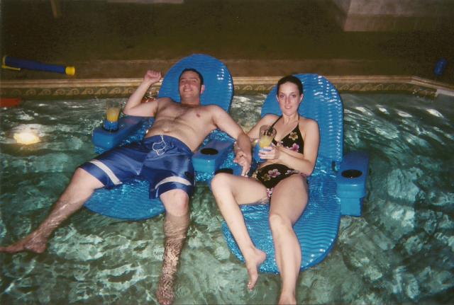 Sam and Dave lounging in the pool at David Mugar Way June 04