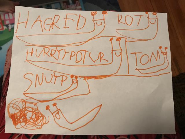 2017-07-24 Ben attempts to write out Harry Potter names - almost 6