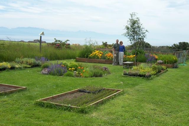 Portland - dad and Viv in gardens at Lavender Wind Farm