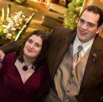on the stairs at Matt and Liz's wedding