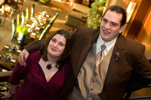 on the stairs at Matt and Liz's wedding