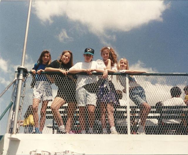 Carrie, Candace, Stacey, Mialy, and Corrine on the boat to Ellis Island -- 6th grade trip to NY