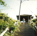 Ghislaine on walkway to beach, Cape Cod youth group trip