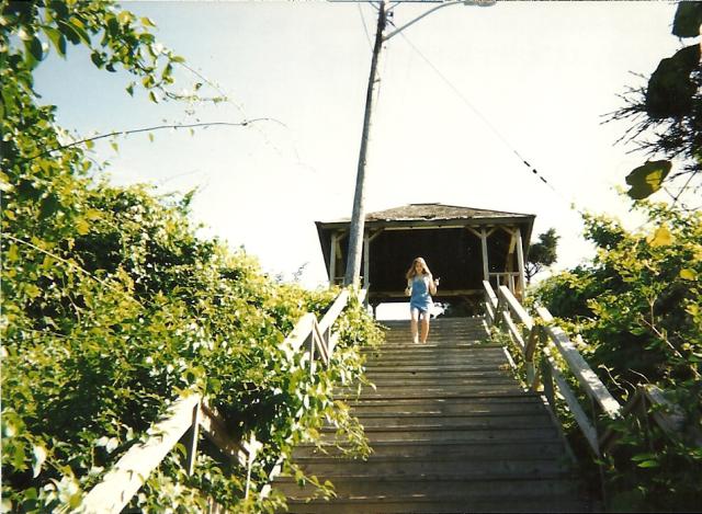 Ghislaine on walkway to beach, Cape Cod youth group trip
