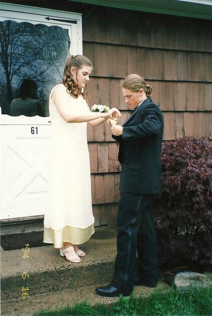 pinning Mark's boutonierre, prom 99