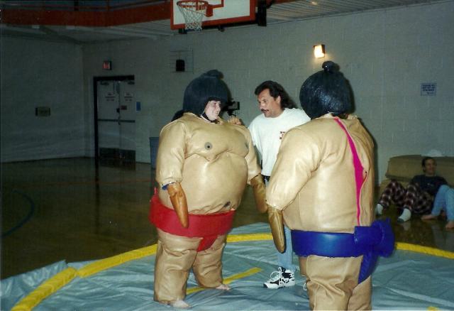 after prom, Liz and Jen sumo wrestling, prom 99